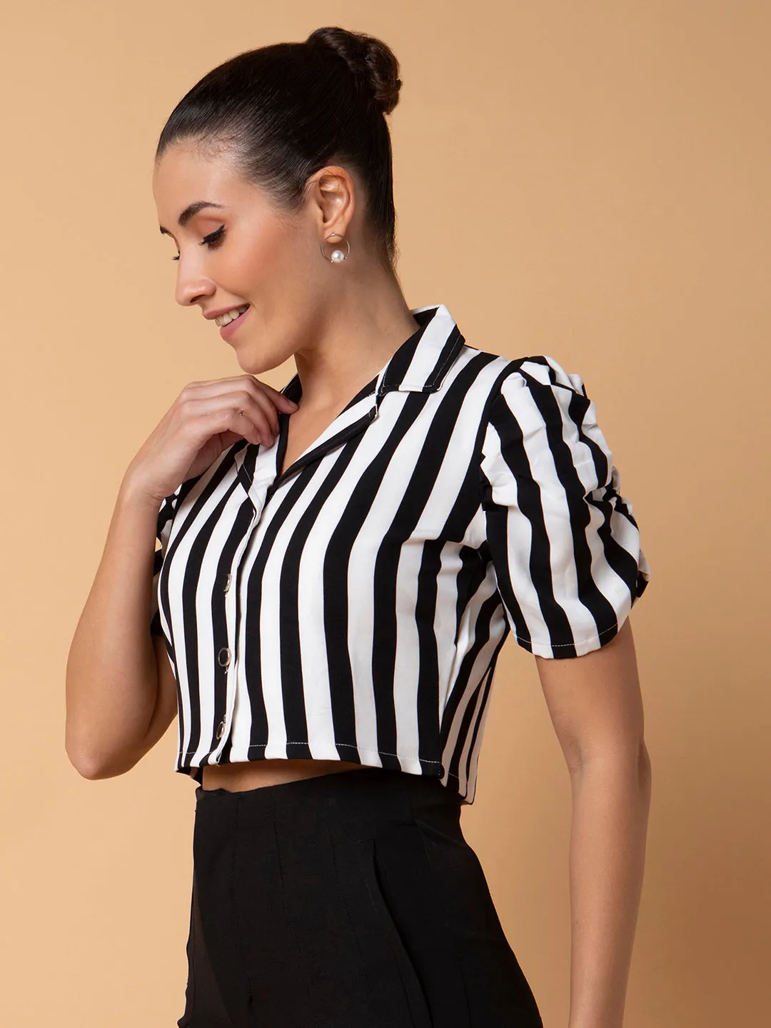 Women Striped Black Blouson Crop Top