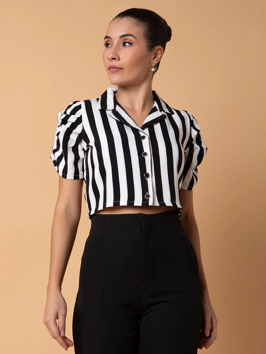 Women Striped Black Blouson Crop Top