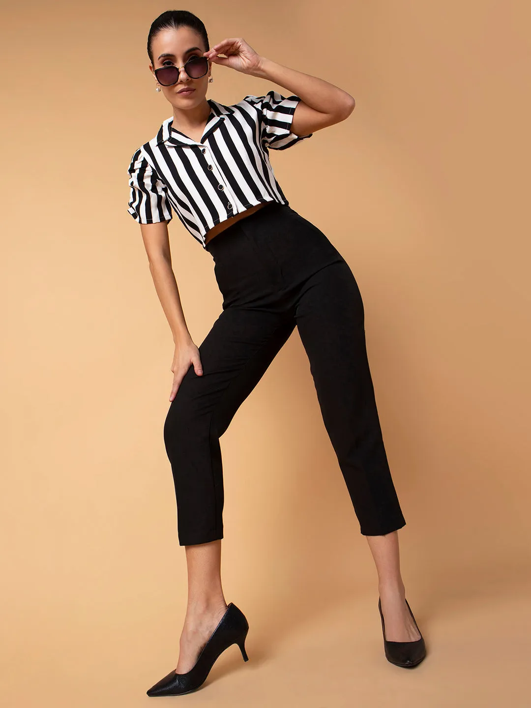 Women Striped Black Blouson Crop Top